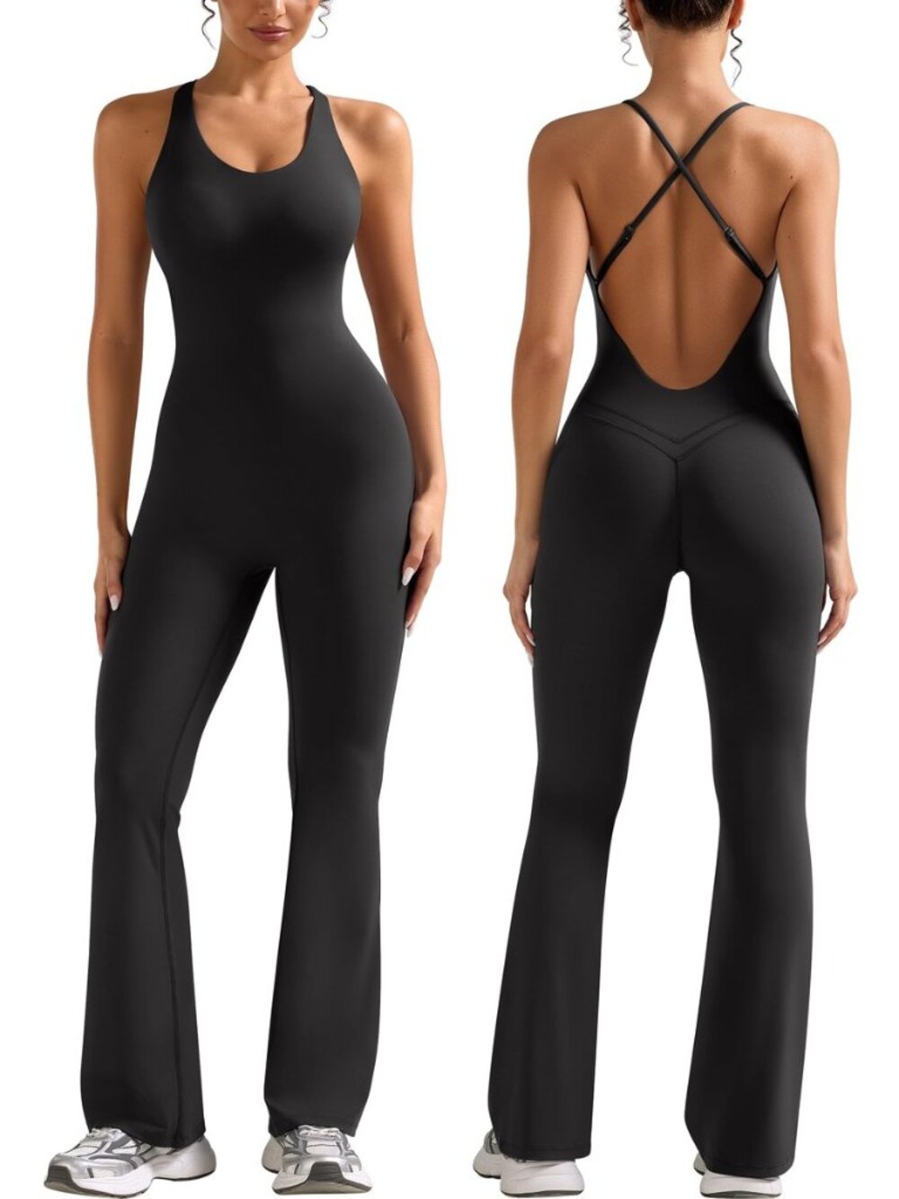 Womens Flare Workout Jumpsuits Backless One Piece Gym Rompers